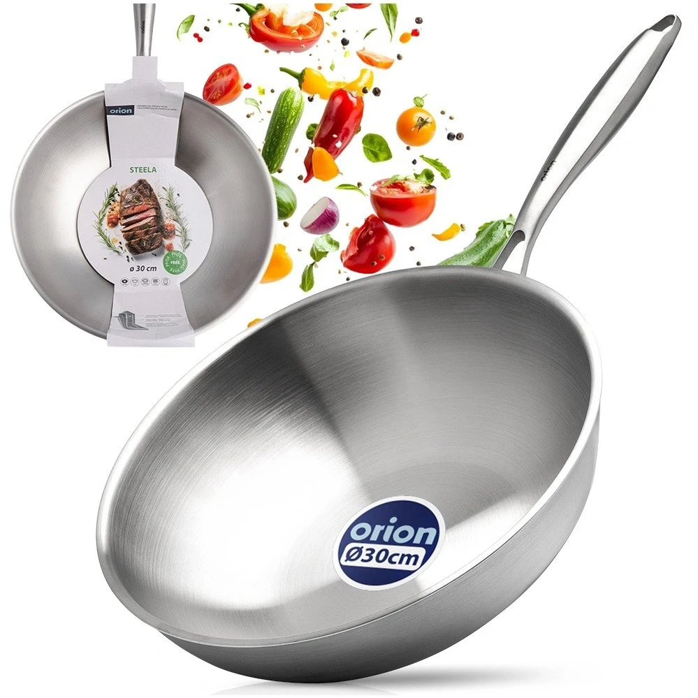 Wok keptuvė iš trijų sluoksnių nerūdijančiojo plieno, sidabrinė, 30 cm