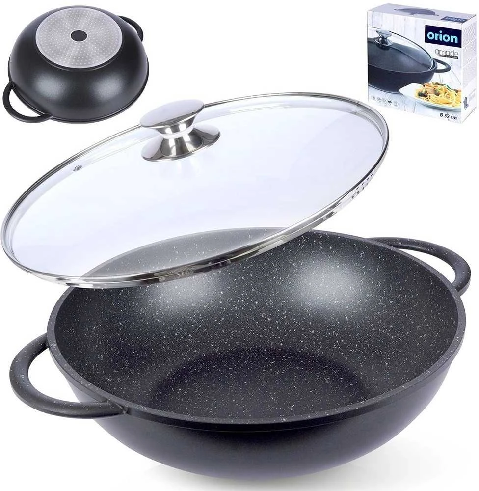 Orion Wok keptuvė GRANDE 32 cm granitinė su stikliniu dangteliu