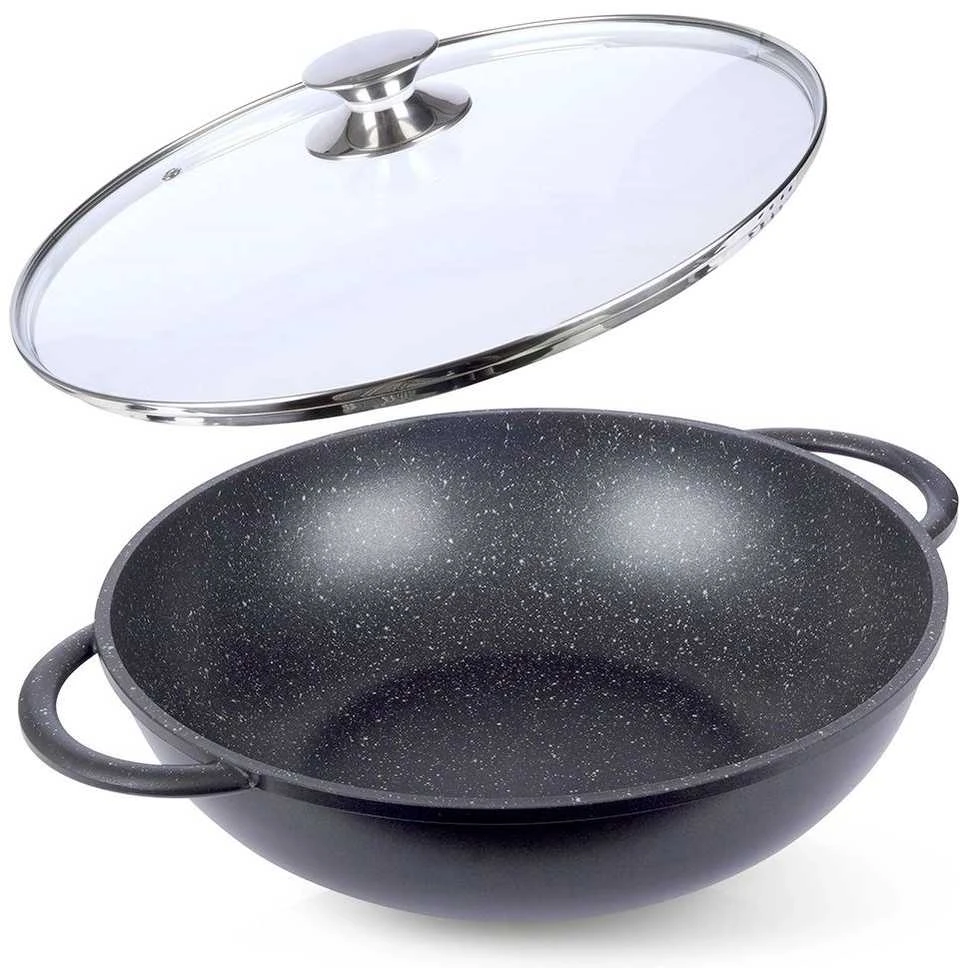 Orion Wok keptuvė GRANDE 32 cm granitinė su stikliniu dangteliu