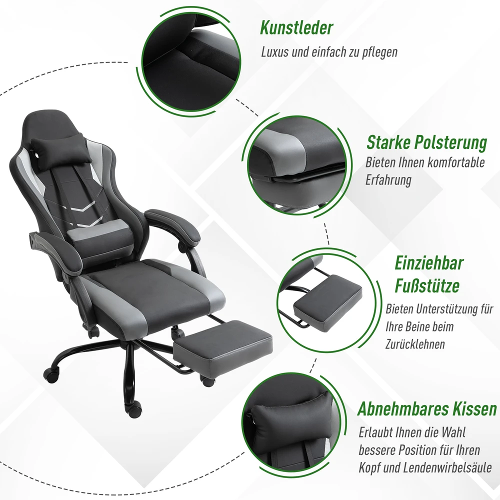 „Vinsetto“ žaidimų kėdė, ergonomiška biuro kėdė, reguliuojamo aukščio, su masažine juosmens pagalve ir kojų atrama, juoda