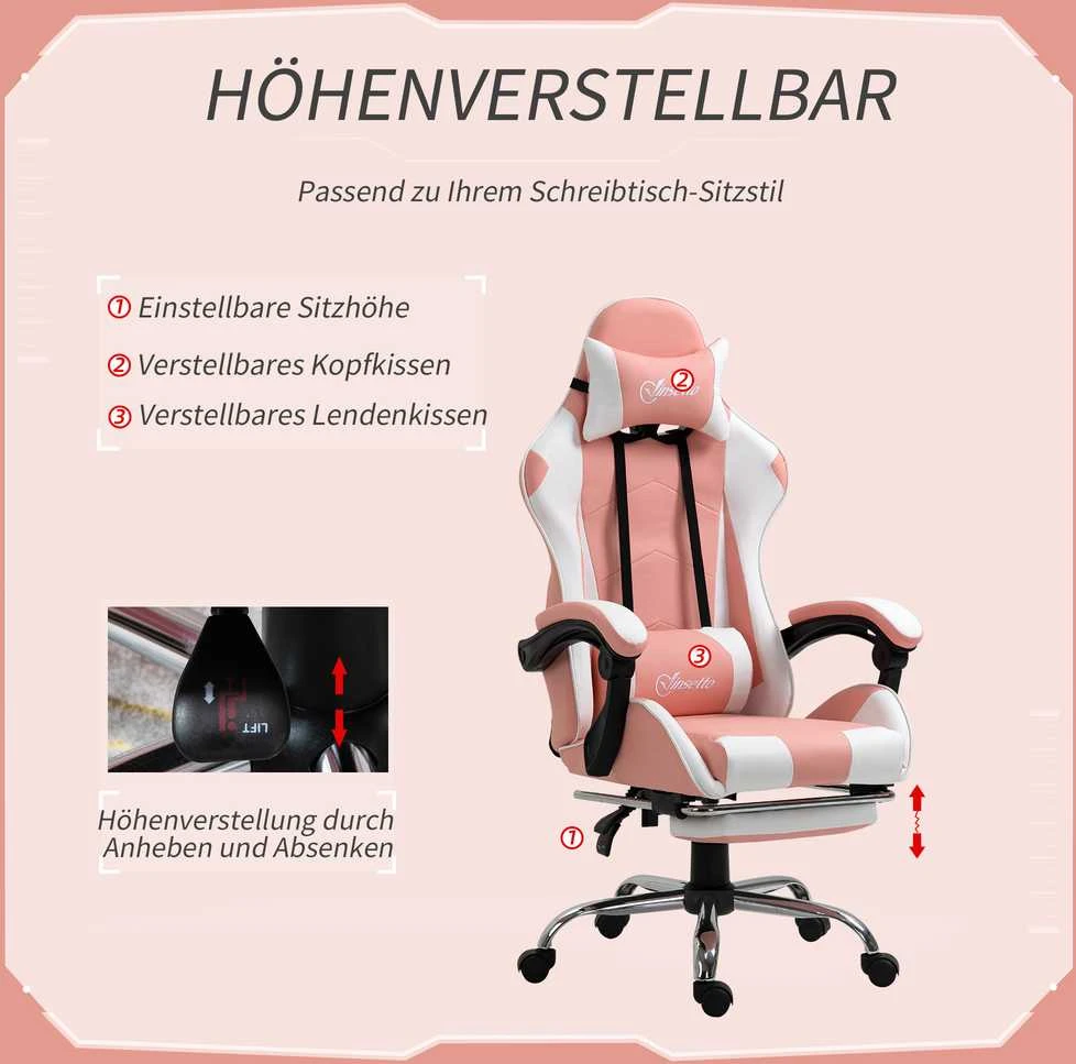 Vinsetto žaidimų kėdė kompiuterio kėdė ergonomiška biuro kėdė su galvos atrama juosmens pagalvėle reguliuojamo aukščio 360° besisukanti rožinė+balta