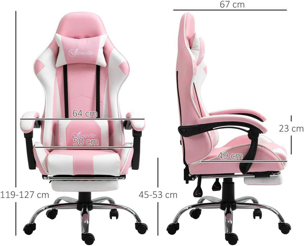 Vinsetto žaidimų kėdė kompiuterio kėdė ergonomiška biuro kėdė su galvos atrama juosmens pagalvėle reguliuojamo aukščio 360° besisukanti rožinė+balta