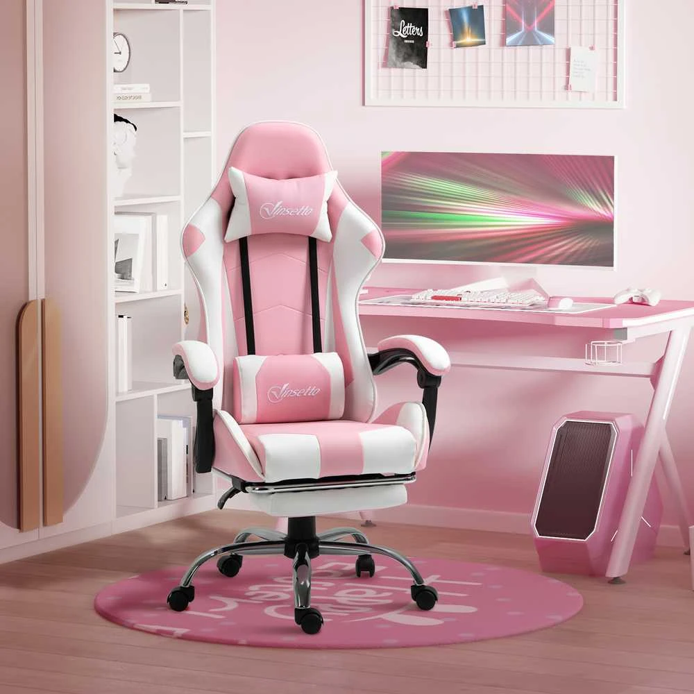 Vinsetto žaidimų kėdė kompiuterio kėdė ergonomiška biuro kėdė su galvos atrama juosmens pagalvėle reguliuojamo aukščio 360° besisukanti rožinė+balta