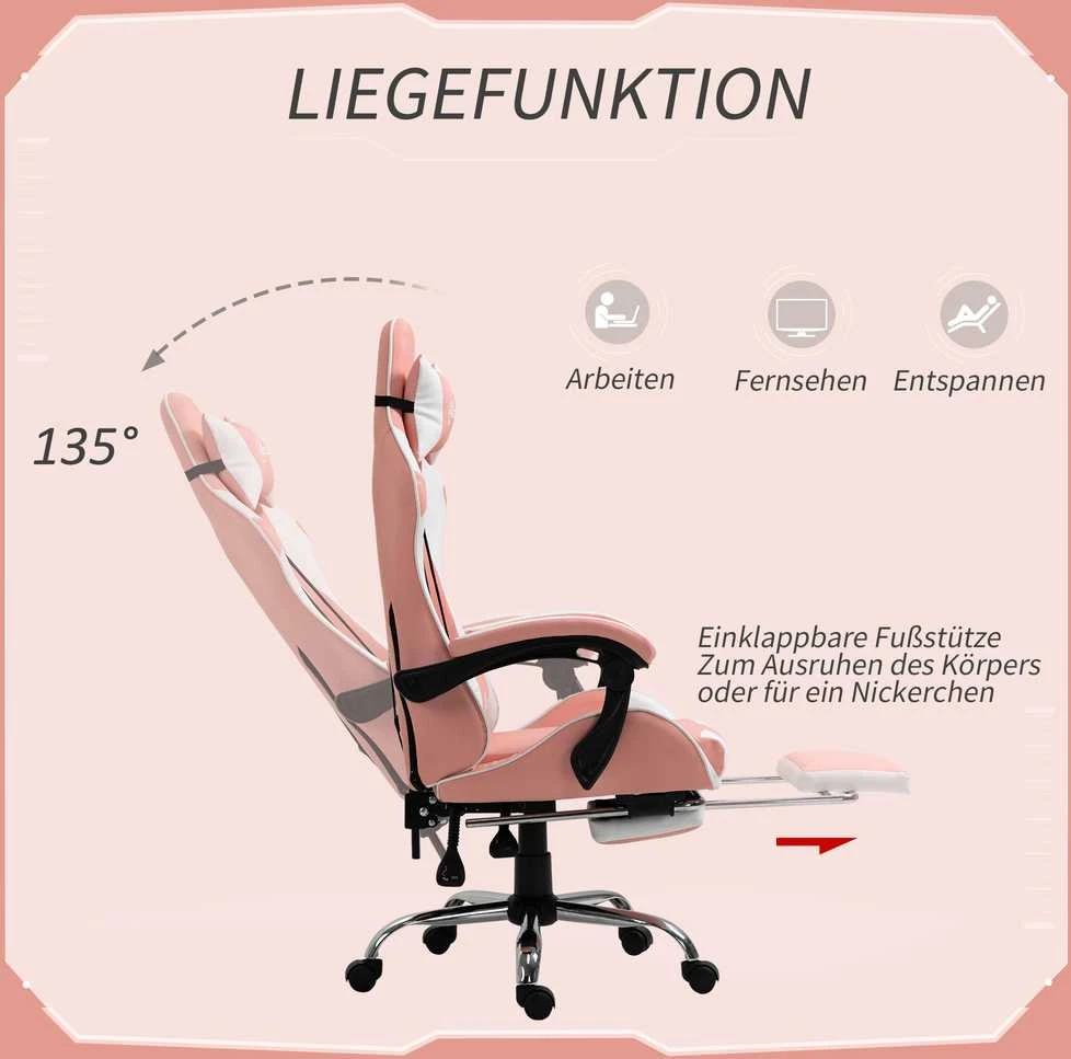 Vinsetto žaidimų kėdė kompiuterio kėdė ergonomiška biuro kėdė su galvos atrama juosmens pagalvėle reguliuojamo aukščio 360° besisukanti rožinė+balta