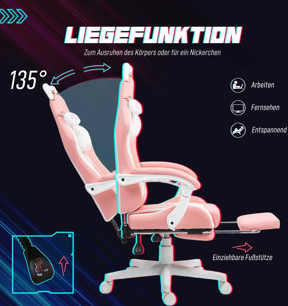 HOMCOM žaidimų kėdė, ergonomiška kėdė žaidėjams su juosmens atrama, kojų atrama, žaidimų fotelis su katės ausytėmis, galvos atrama, reguliuojamo aukščio biuro kėdė su atlošiama funkcija, rožinė
