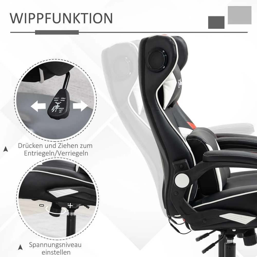Vinsetto žaidimų kėdė su supimosi funkcija, reguliuojamo aukščio biuro kėdė, ergonomiška kompiuterio kėdė su garsiakalbiu, juosmens ir kaklo atrama, dirbtinė oda
