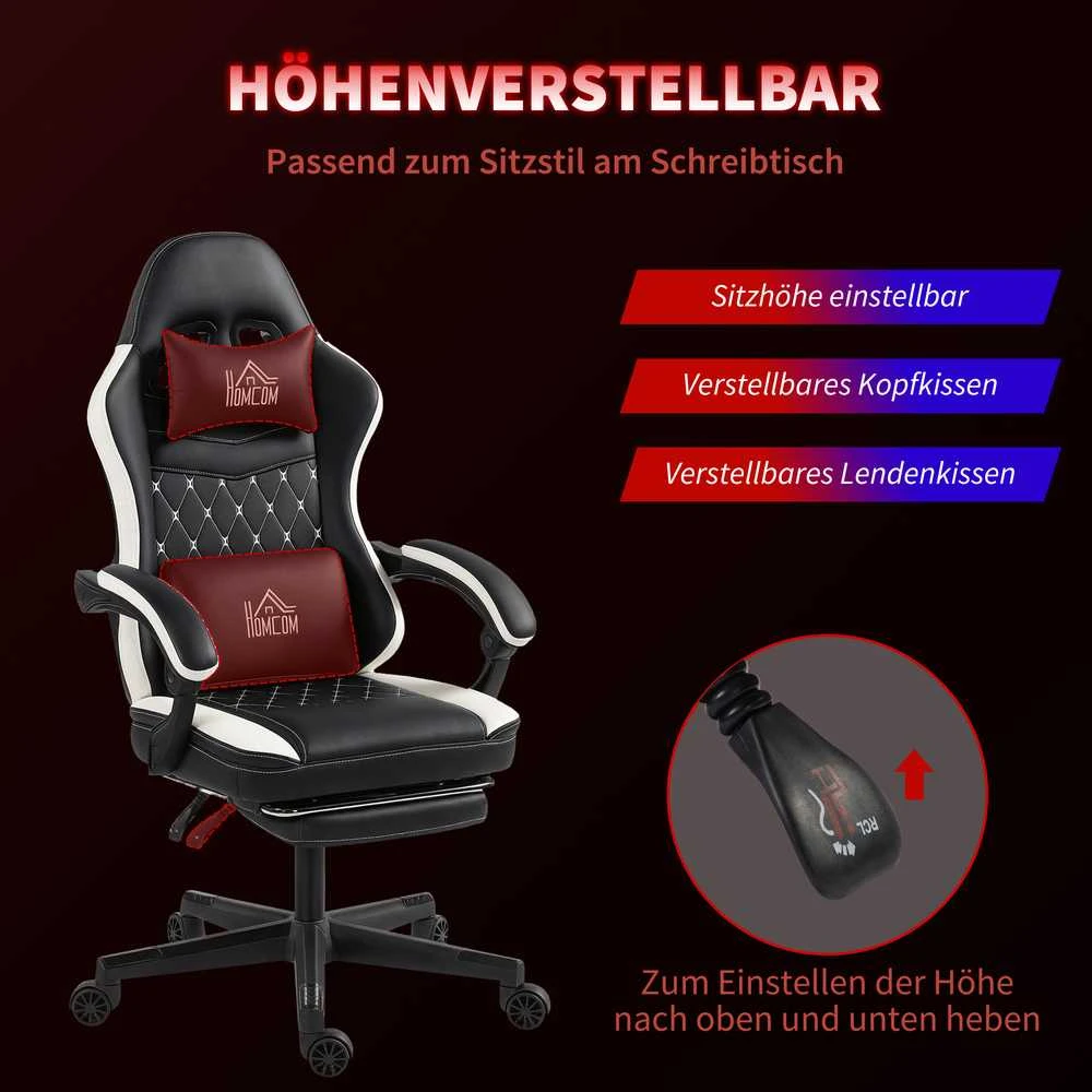 HOMCOM žaidimų kėdė su kojų atrama, kompiuterio kėdė su galvos atrama ir pagalve, dirbtinės odos apmušalai, besisukanti, reguliuojamo aukščio, metalas, plastikas, juoda ir balta