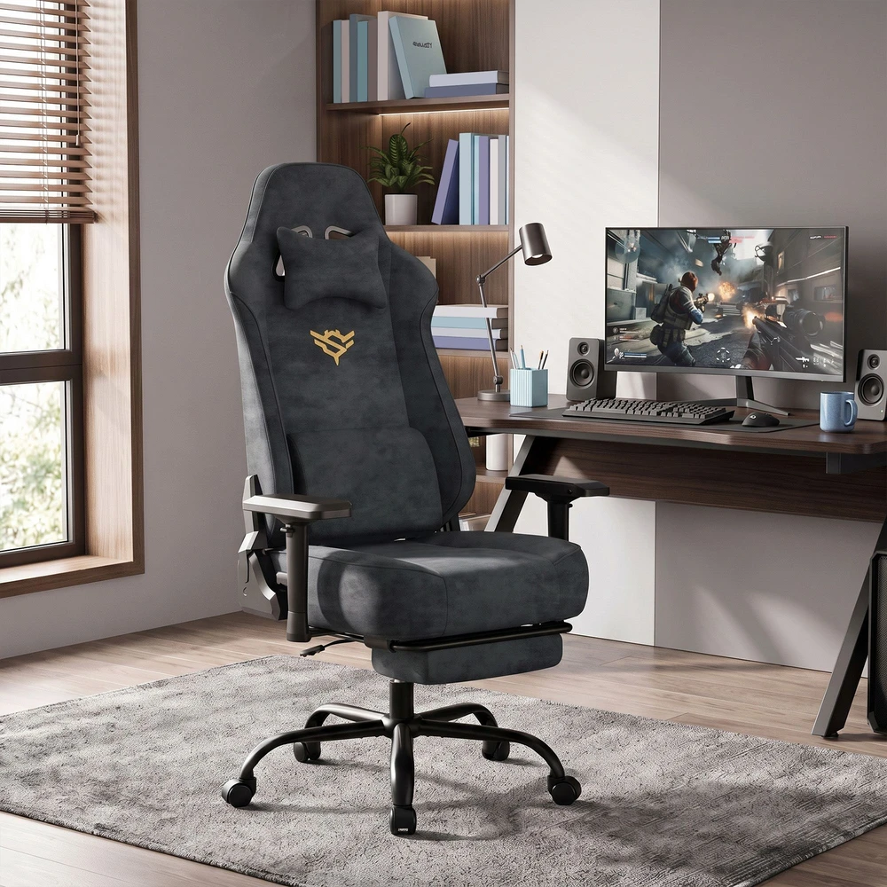 Songmics Žaidimų kėdė su 4D porankiais ir pakoju, pilka, 72 × 72 × 125–135 cm