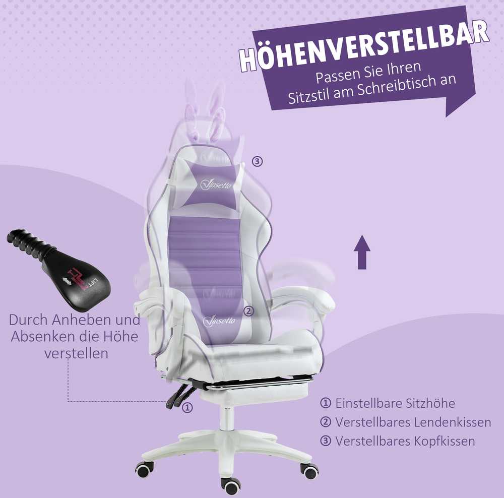 Vinsetto žaidimų kėdė, ergonomiška žaidėjų kėdė su juosmens atrama, kojų atrama, žaidimų fotelis su zuikučio ausimis, galvos pagalvėle, biuro kėdė su reguliuojamu atlošu, violetinė