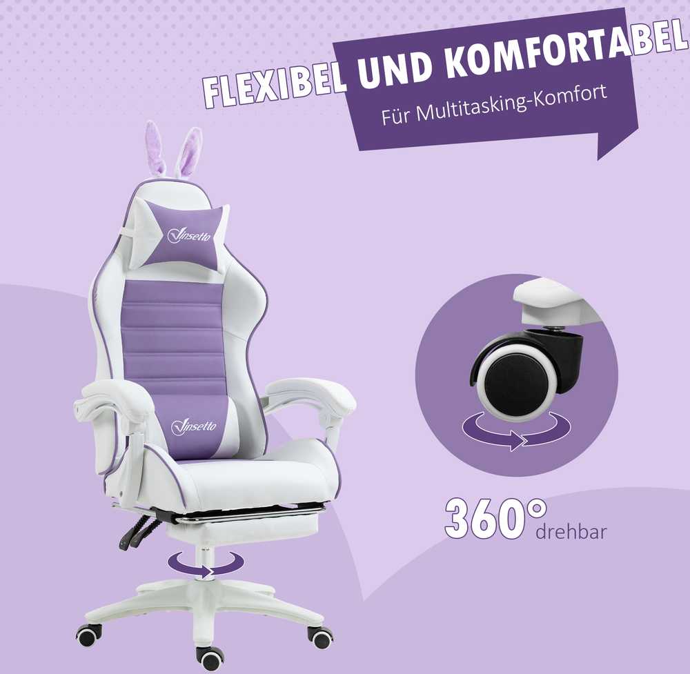 Vinsetto žaidimų kėdė, ergonomiška žaidėjų kėdė su juosmens atrama, kojų atrama, žaidimų fotelis su zuikučio ausimis, galvos pagalvėle, biuro kėdė su reguliuojamu atlošu, violetinė