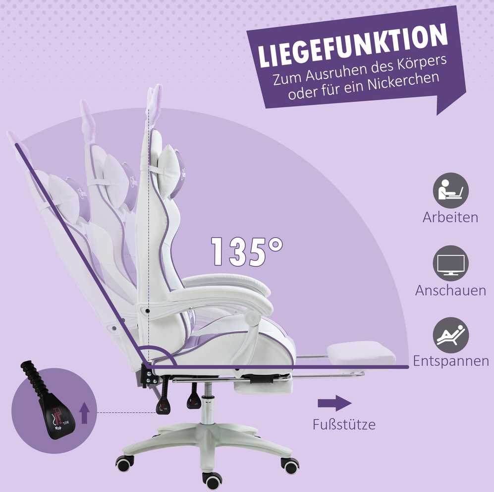 Vinsetto žaidimų kėdė, ergonomiška žaidėjų kėdė su juosmens atrama, kojų atrama, žaidimų fotelis su zuikučio ausimis, galvos pagalvėle, biuro kėdė su reguliuojamu atlošu, violetinė