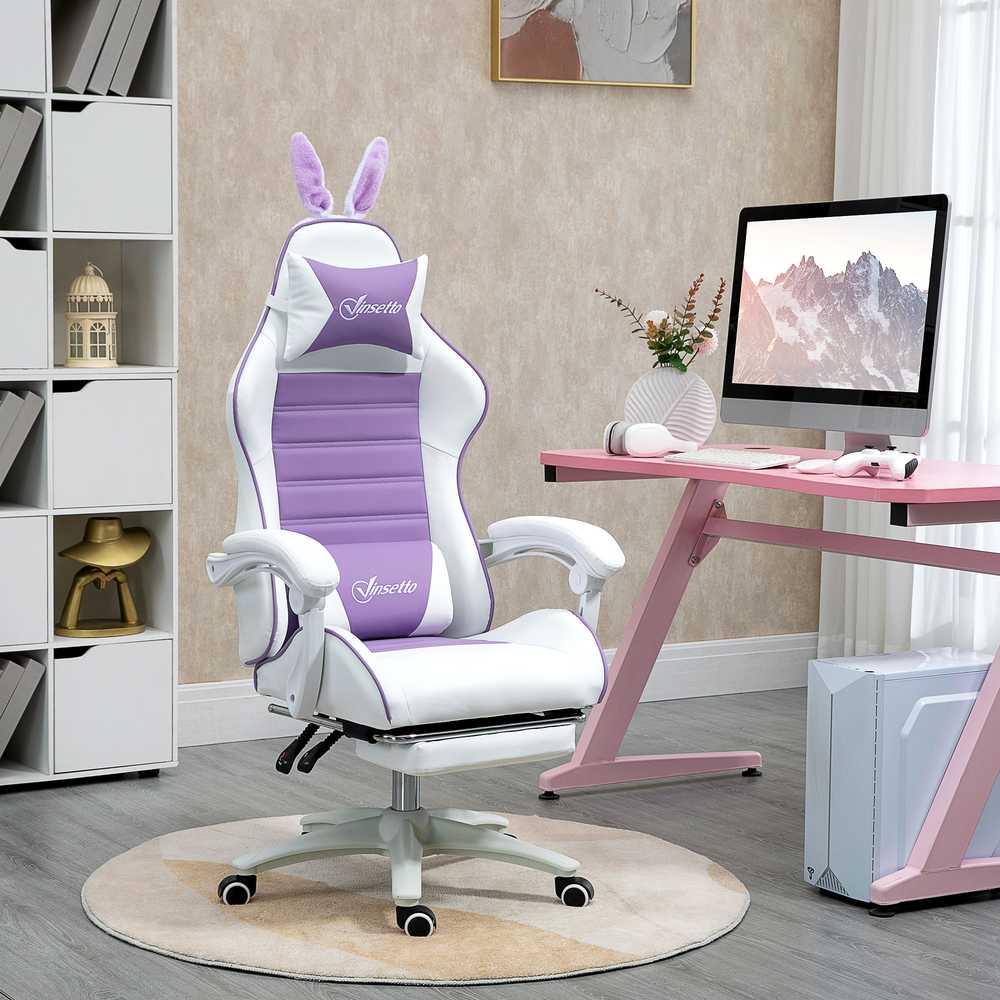 Vinsetto žaidimų kėdė, ergonomiška žaidėjų kėdė su juosmens atrama, kojų atrama, žaidimų fotelis su zuikučio ausimis, galvos pagalvėle, biuro kėdė su reguliuojamu atlošu, violetinė