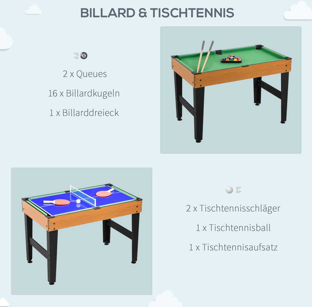 "HOMCOM 4 in 1" daugiafunkcinis žaidimų stalas, vakarėlių žaidimų stalas su stalo tenisu, stalo futbolu, biliardu, stalo ledo rituliu, skirtas linksmybėms su keliais žaidėjais, plienas, natūralus medis + juoda spalva