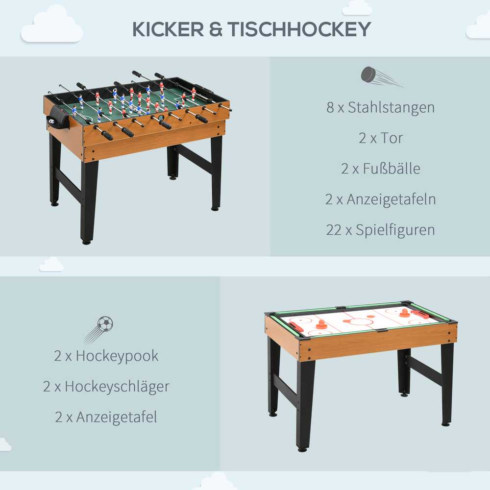 "HOMCOM 4 in 1" daugiafunkcinis žaidimų stalas, vakarėlių žaidimų stalas su stalo tenisu, stalo futbolu, biliardu, stalo ledo rituliu, skirtas linksmybėms su keliais žaidėjais, plienas, natūralus medis + juoda spalva