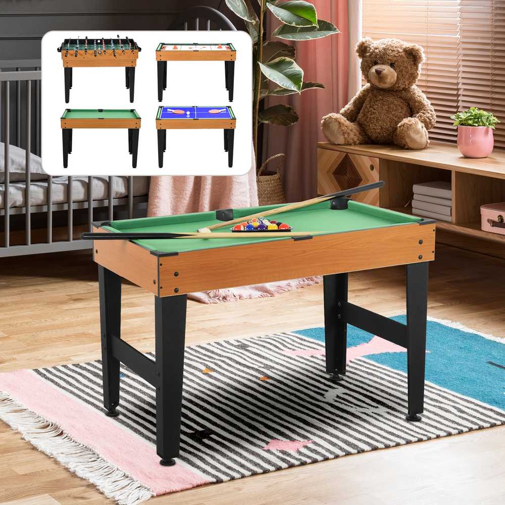 "HOMCOM 4 in 1" daugiafunkcinis žaidimų stalas, vakarėlių žaidimų stalas su stalo tenisu, stalo futbolu, biliardu, stalo ledo rituliu, skirtas linksmybėms su keliais žaidėjais, plienas, natūralus medis + juoda spalva