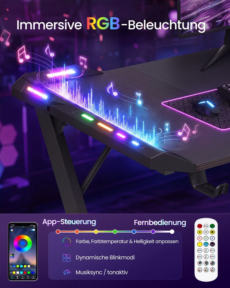 Songmics Žaidimų stalas su RGB apšvietimu ir gėrimų laikikliu, anglies juodos ir rašalo juodos spalvų, 100 × 60 × 76 cm