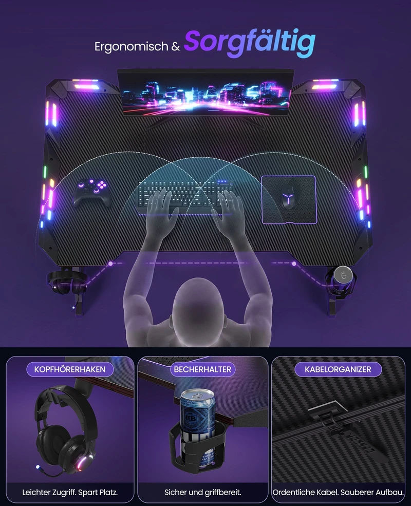 Songmics Žaidimų stalas su RGB apšvietimu ir gėrimų laikikliu, anglies juodos ir rašalo juodos spalvų, 100 × 60 × 76 cm