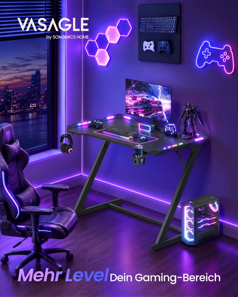 Songmics Žaidimų stalas su RGB apšvietimu ir gėrimų laikikliu, anglies juodos ir rašalo juodos spalvų, 100 × 60 × 76 cm