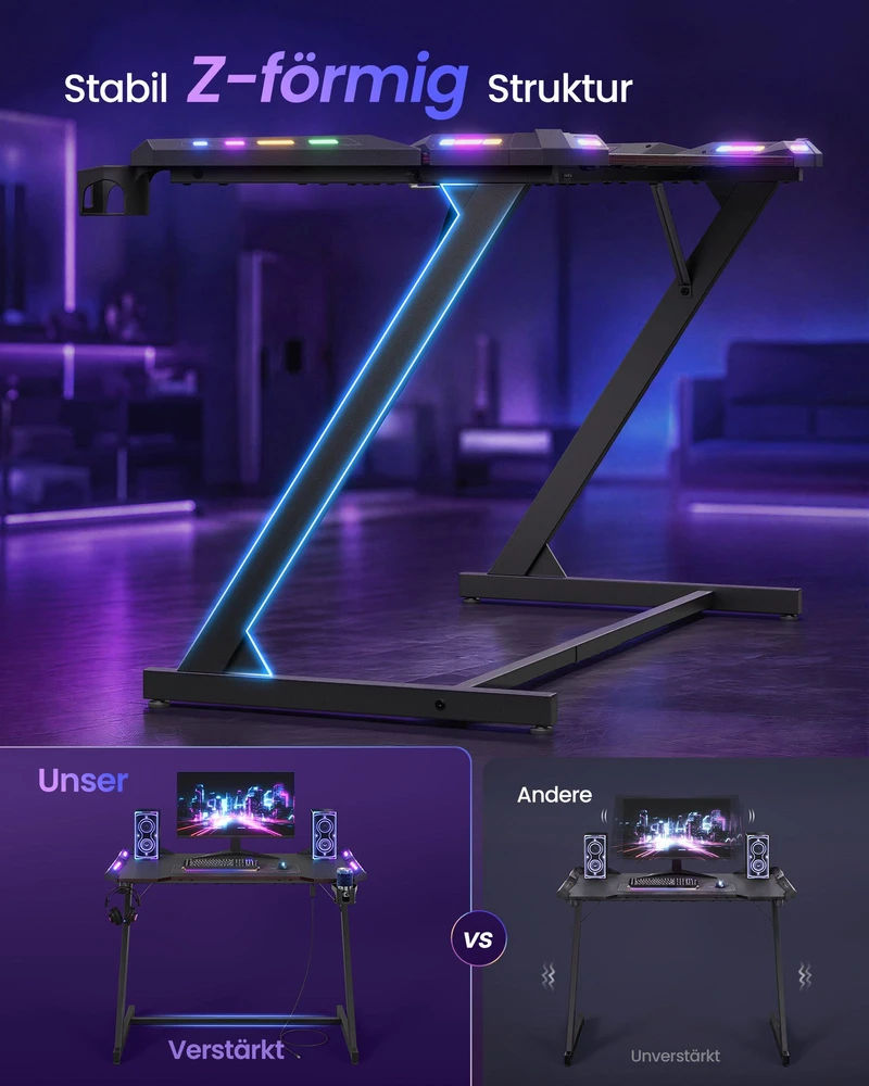 Songmics Žaidimų stalas su RGB apšvietimu ir gėrimų laikikliu, anglies juodos ir rašalo juodos spalvų, 100 × 60 × 76 cm