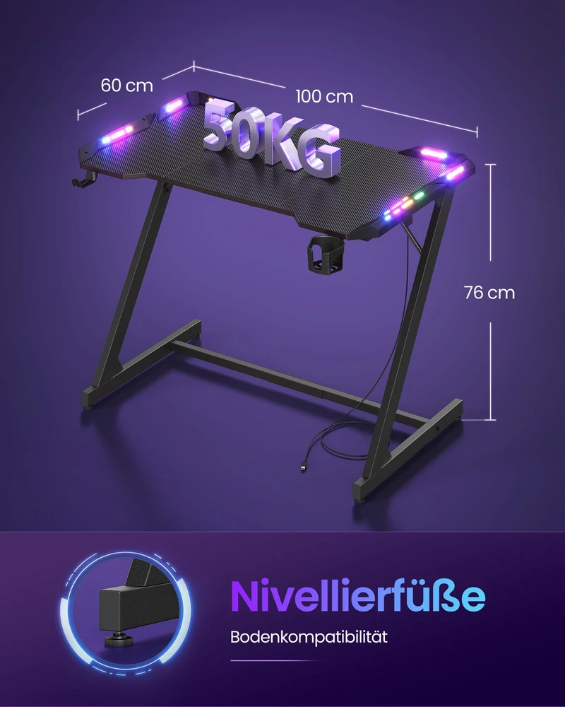 Songmics Žaidimų stalas su RGB apšvietimu ir gėrimų laikikliu, anglies juodos ir rašalo juodos spalvų, 100 × 60 × 76 cm