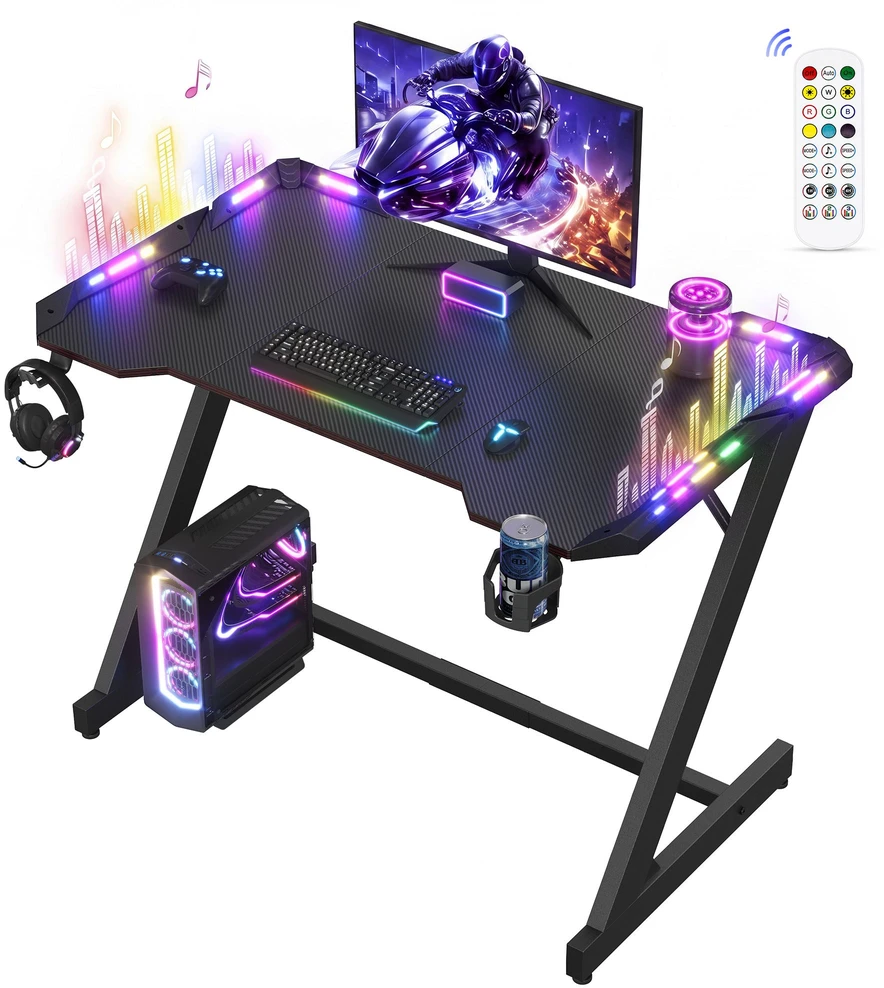 Songmics Žaidimų stalas su RGB apšvietimu ir gėrimų laikikliu, anglies juodos ir rašalo juodos spalvų, 100 × 60 × 76 cm