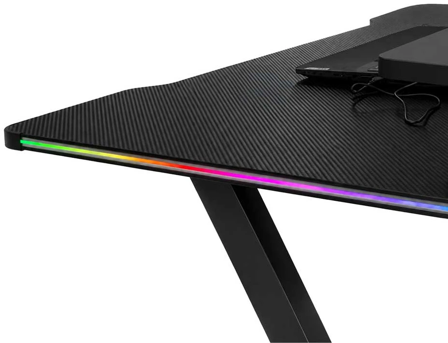 Žaidimų stalas su RGB LED apšvietimu ir lentyna, juodas, 120 × 60 cm