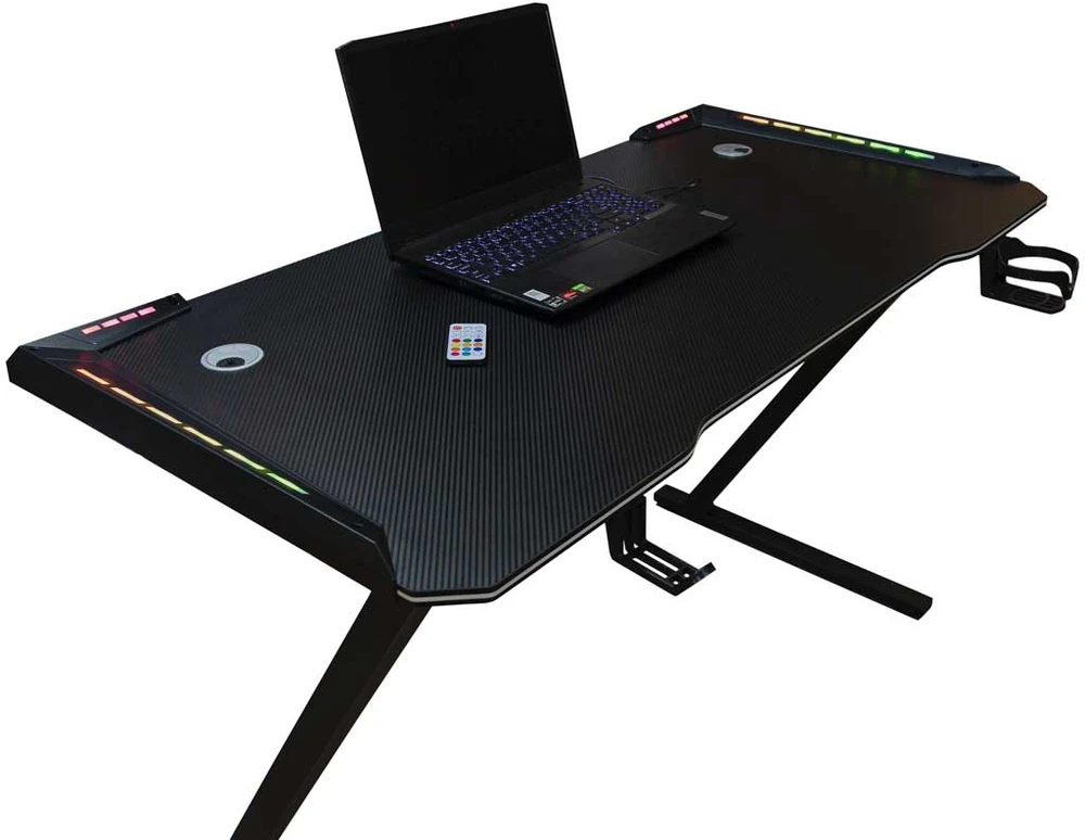 Žaidimų stalas su RGB LED apšvietimu ir 2 kabelių angomis, juodas, 120 × 60 × 74 cm
