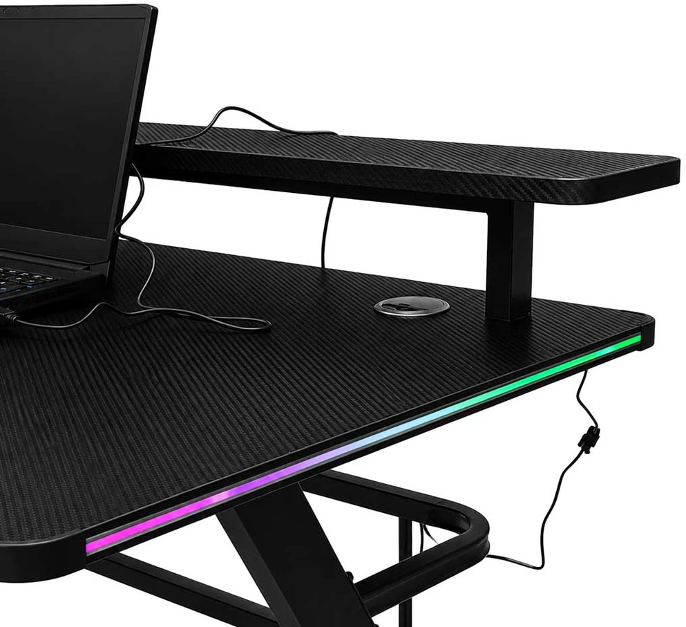 Žaidimų stalas su RGB LED apšvietimu ir lentyna, juodas, 120 × 60 cm