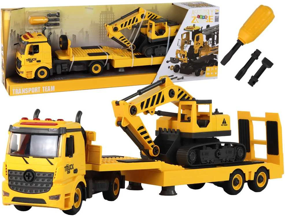 Žaislinis ardomas statybinio transporto transportavimo vilkikas su priedais Lean Toys, geltonas, 59x13,5x10,5 cm