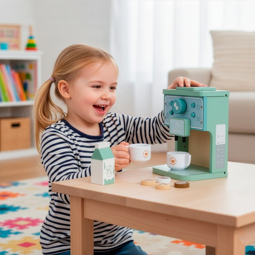 Springos Žaislinis kavos aparatas, medinis, su puodeliais, įvairiaspalvis, 20 × 15 × 12 cm, 8 dalių