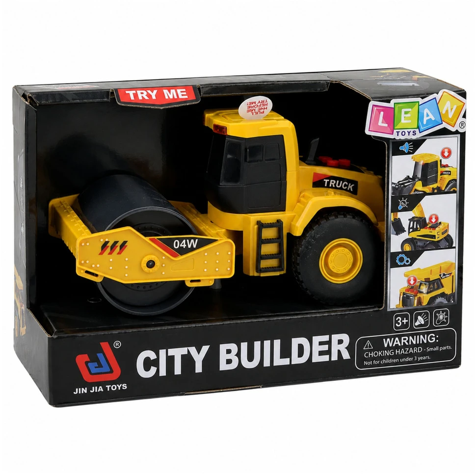 Lean Toys Žaislinis kelio volas 1:32 mastelio su šviesos ir garso efektais, geltonas ir juodas, 16 × 8 × 7 cm