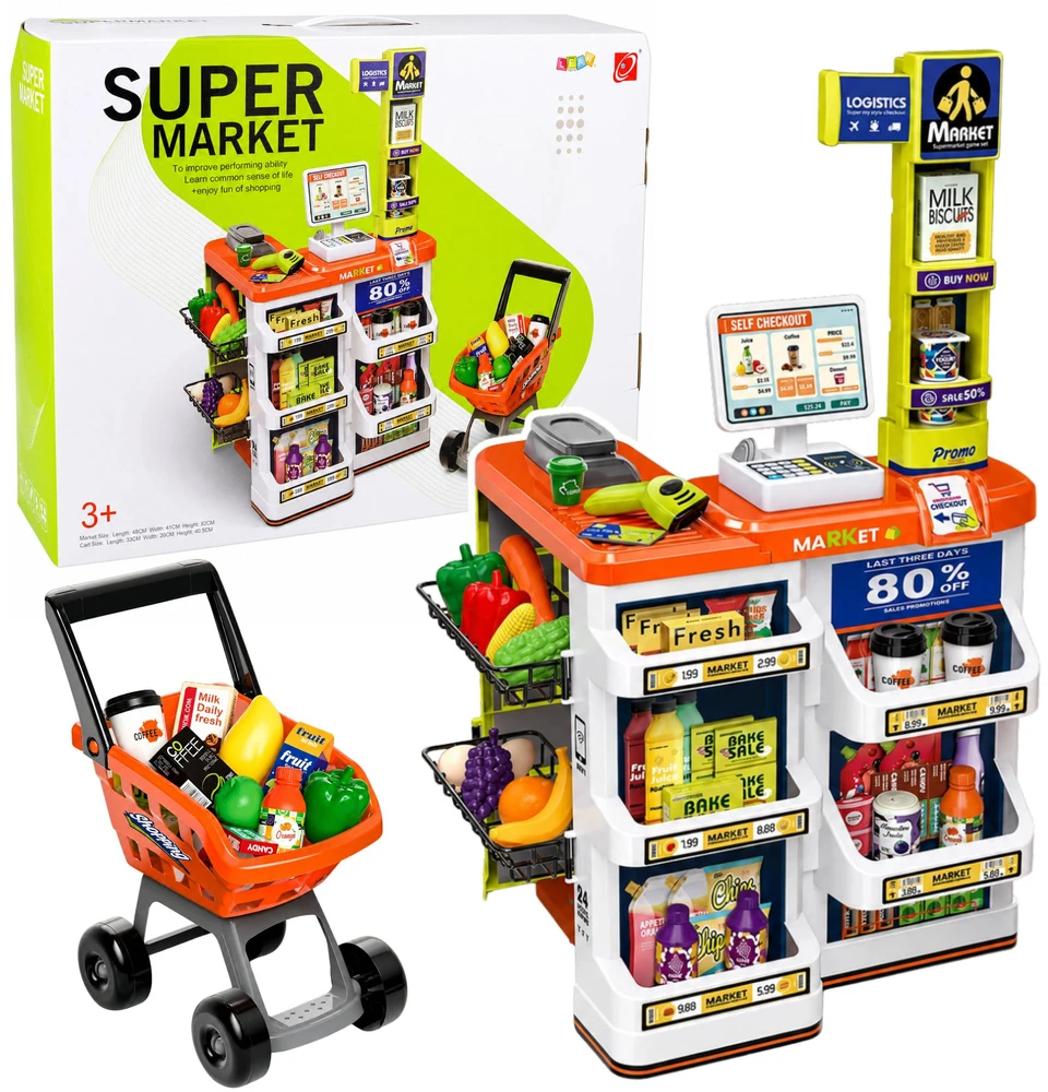 Lean Toys Žaislinis prekybos centro rinkinys su kasos aparatu ir skaitytuvu, įvairiaspalvis, 82 × 48 × 41 cm, apie 60 dalių