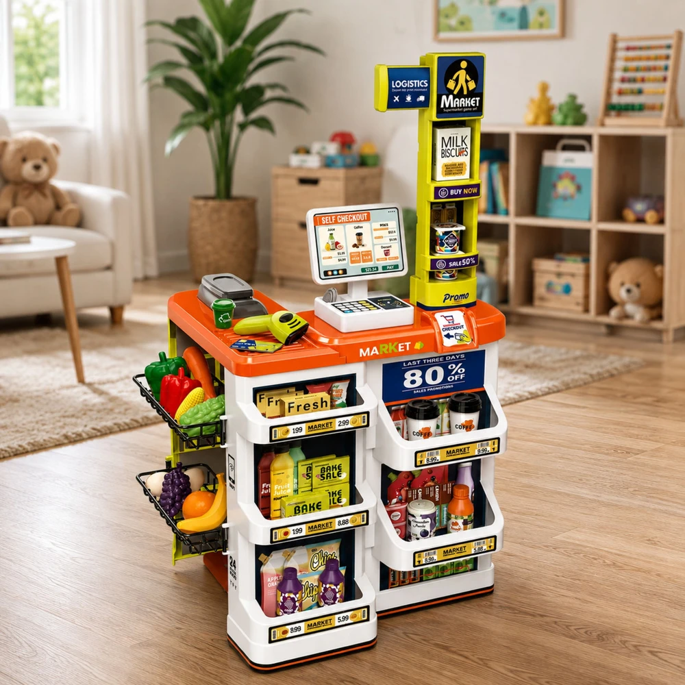 Lean Toys Žaislinis prekybos centro rinkinys su kasos aparatu ir skaitytuvu, įvairiaspalvis, 82 × 48 × 41 cm, apie 60 dalių