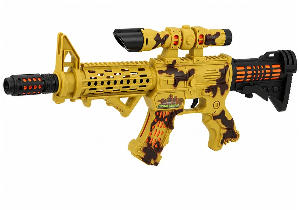 Lean Toys Žaislinis šautuvas su optiniu taikikliu ir šviesos bei garso efektais, smėlio spalvos su kamufliažo elementais, 54 × 21,5 × 5 cm