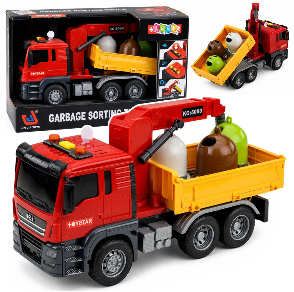 Lean Toys Žaislinis šiukšliavežis su kranu ir šviesos bei garso efektais, raudonas ir geltonas, 30 × 14 × 11 cm