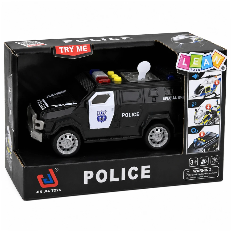 Lean Toys Žaislinis specialiųjų pajėgų policijos automobilis su šviesos ir garso efektais, juodos ir baltos spalvos, 15 × 6,5 × 6,5 cm