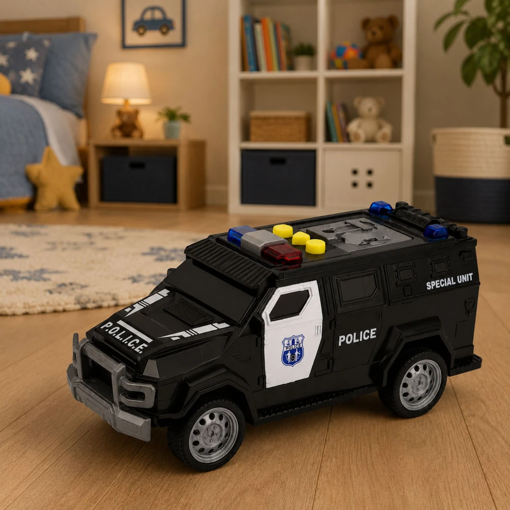 Lean Toys Žaislinis specialiųjų pajėgų policijos automobilis su šviesos ir garso efektais, juodos ir baltos spalvos, 15 × 6,5 × 6,5 cm