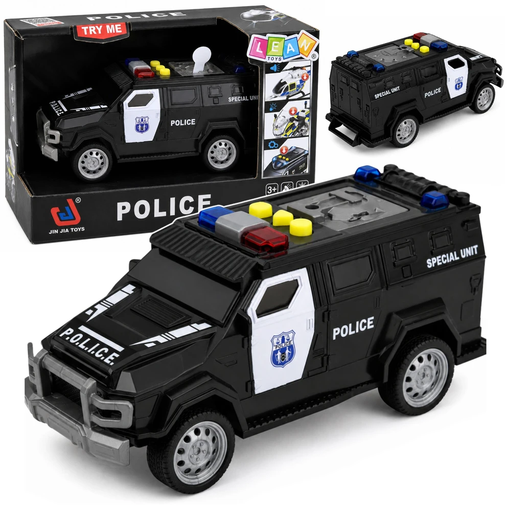 Lean Toys Žaislinis specialiųjų pajėgų policijos automobilis su šviesos ir garso efektais, juodos ir baltos spalvos, 15 × 6,5 × 6,5 cm