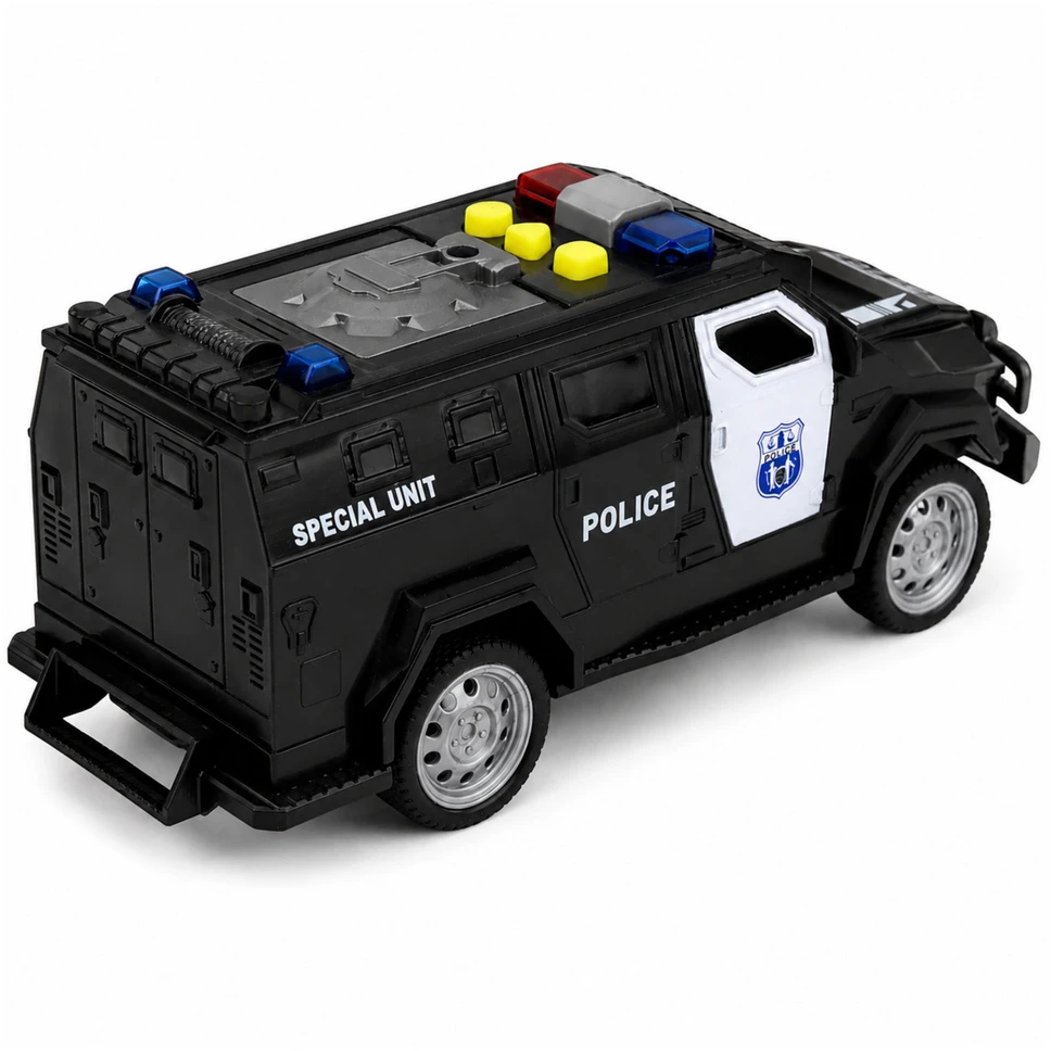 Lean Toys Žaislinis specialiųjų pajėgų policijos automobilis su šviesos ir garso efektais, juodos ir baltos spalvos, 15 × 6,5 × 6,5 cm