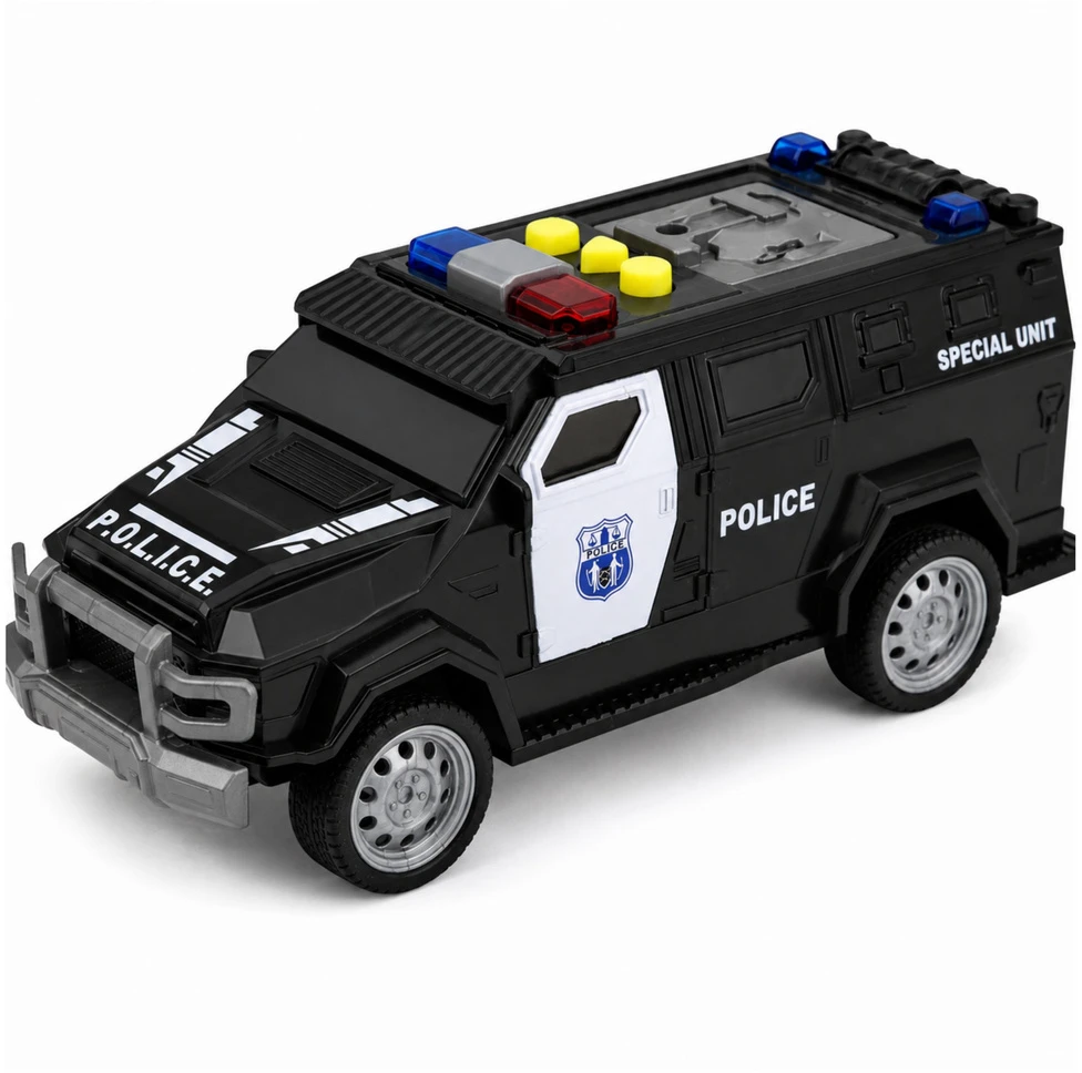 Lean Toys Žaislinis specialiųjų pajėgų policijos automobilis su šviesos ir garso efektais, juodos ir baltos spalvos, 15 × 6,5 × 6,5 cm