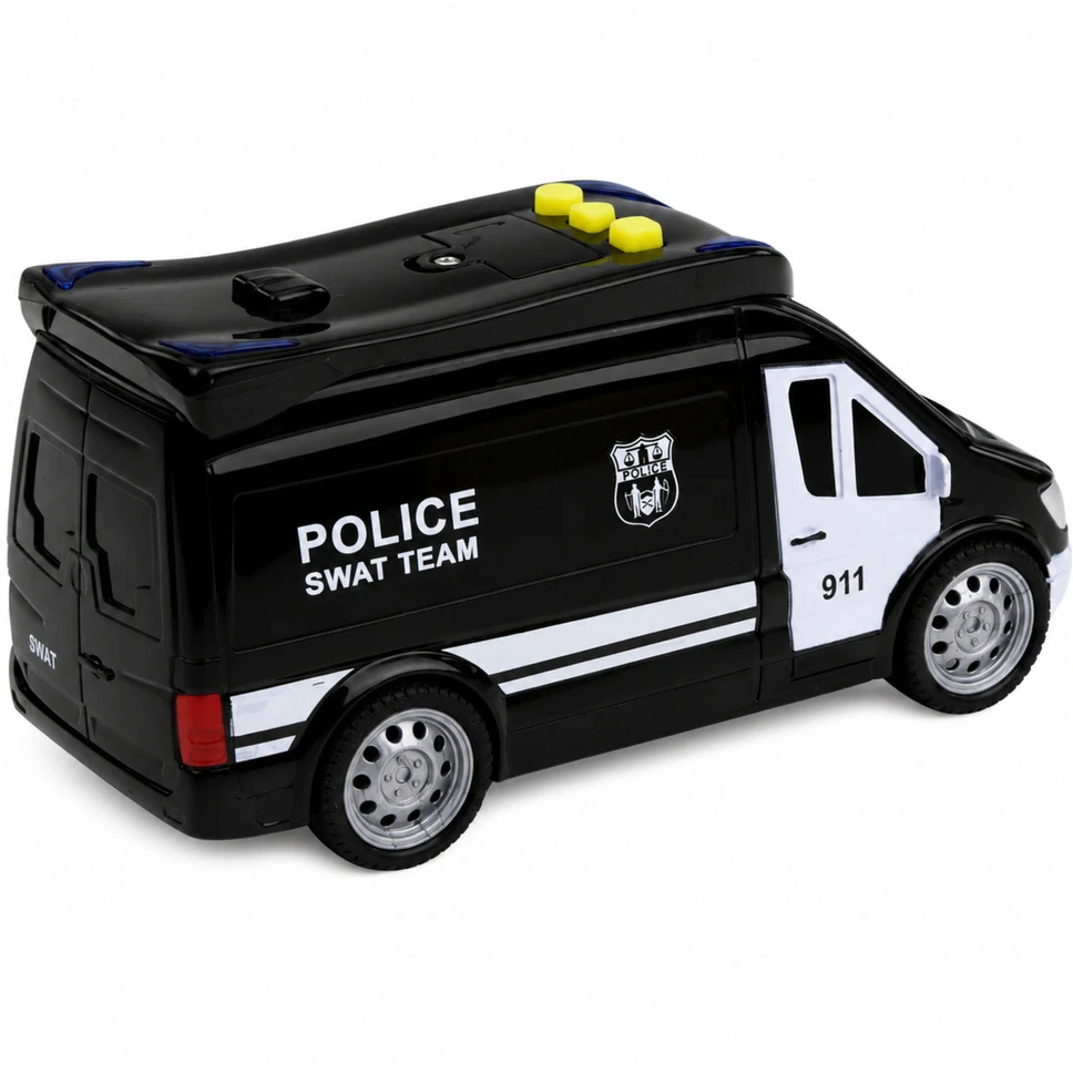 Lean Toys Žaislinis SWAT policijos furgonas su šviesos ir garso efektais, juodos ir baltos spalvos, 15,5 × 7,5 × 8,5 cm