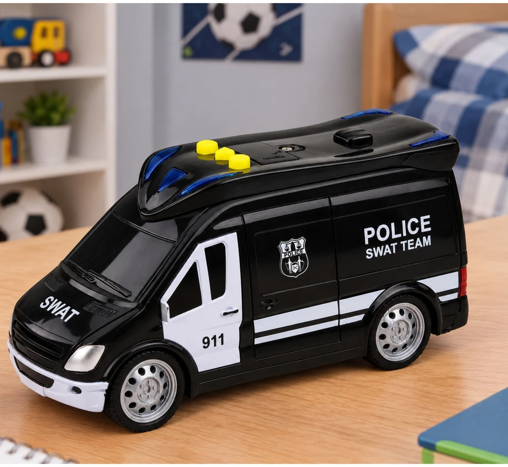 Lean Toys Žaislinis SWAT policijos furgonas su šviesos ir garso efektais, juodos ir baltos spalvos, 15,5 × 7,5 × 8,5 cm