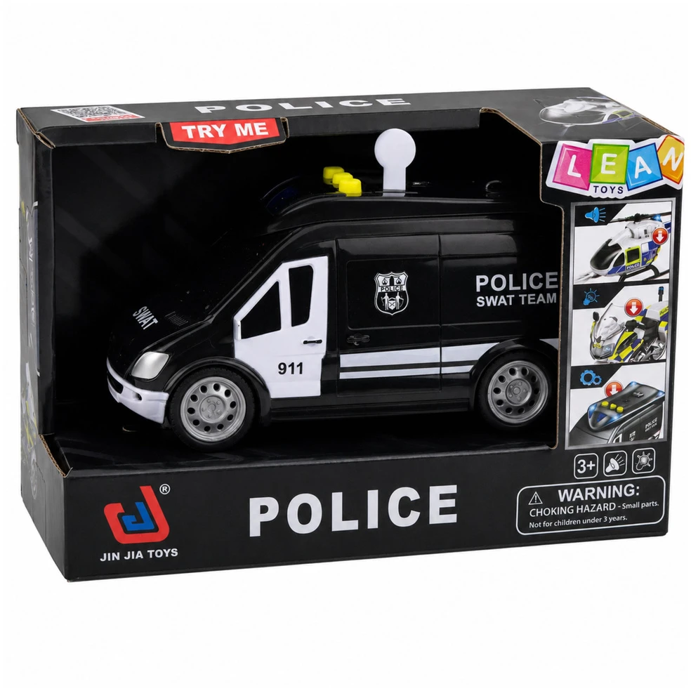 Lean Toys Žaislinis SWAT policijos furgonas su šviesos ir garso efektais, juodos ir baltos spalvos, 15,5 × 7,5 × 8,5 cm
