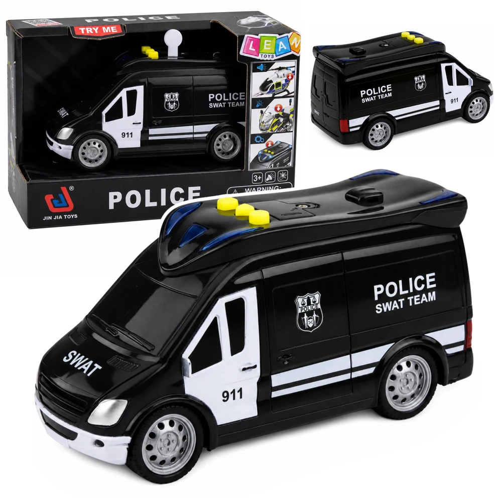 Lean Toys Žaislinis SWAT policijos furgonas su šviesos ir garso efektais, juodos ir baltos spalvos, 15,5 × 7,5 × 8,5 cm