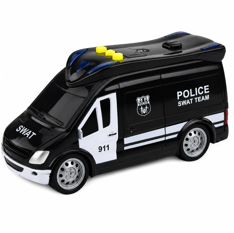 Lean Toys Žaislinis SWAT policijos furgonas su šviesos ir garso efektais, juodos ir baltos spalvos, 15,5 × 7,5 × 8,5 cm