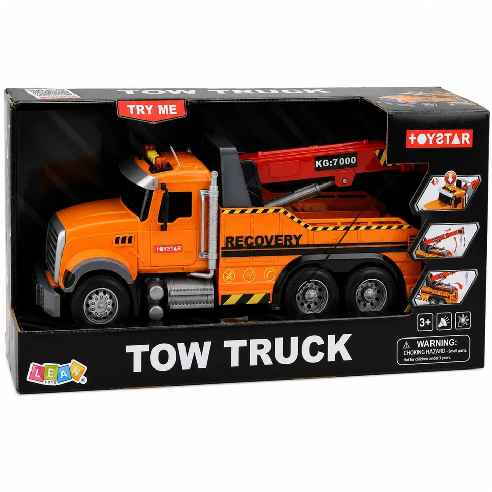 Lean Toys Žaislinis techninės pagalbos sunkvežimis su kranu ir šviesos bei garso efektais, oranžinis, 37 × 15 × 12 cm
