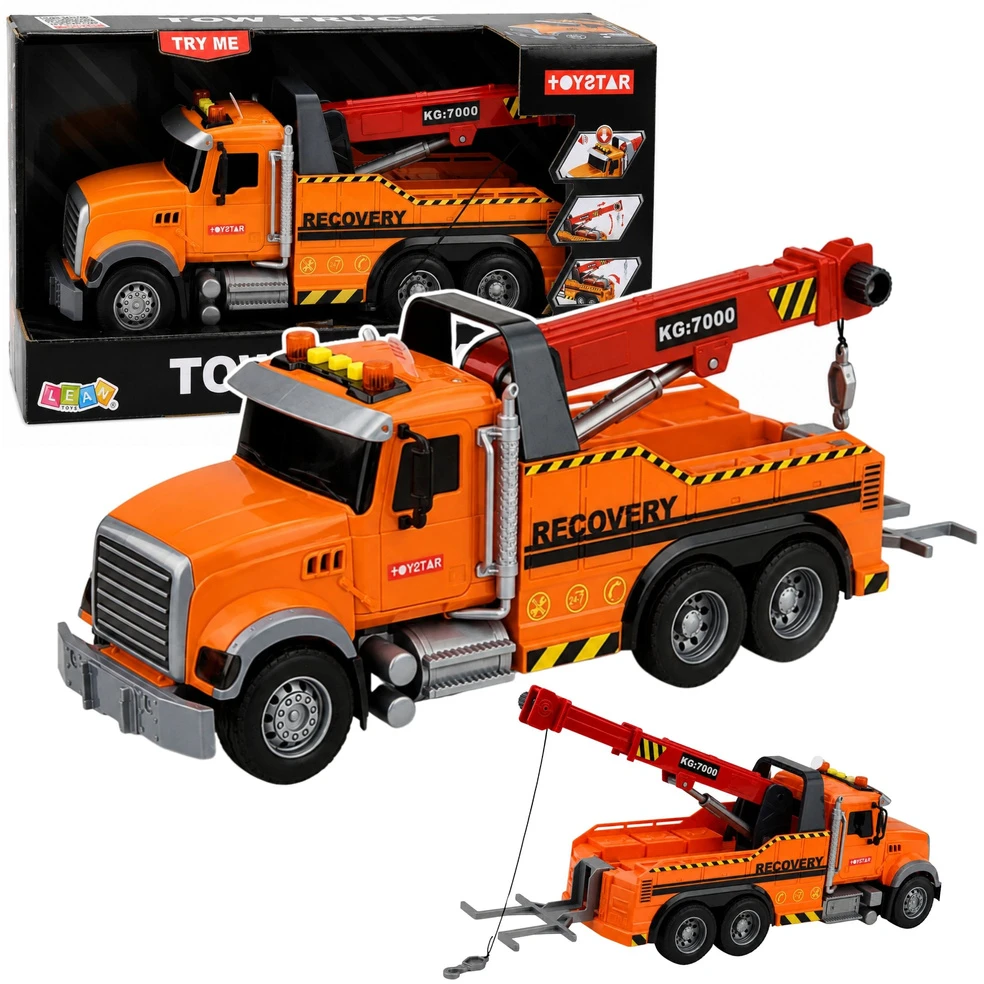 Lean Toys Žaislinis techninės pagalbos sunkvežimis su kranu ir šviesos bei garso efektais, oranžinis, 37 × 15 × 12 cm