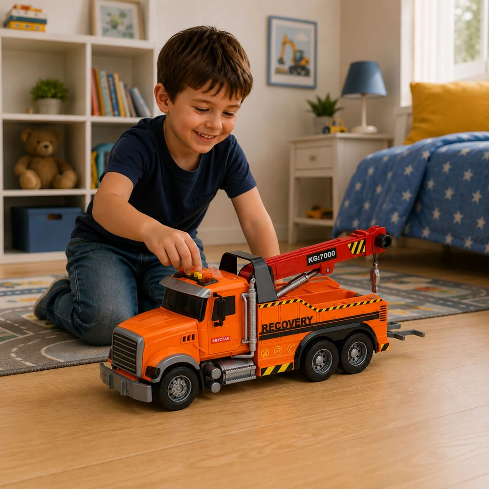 Lean Toys Žaislinis techninės pagalbos sunkvežimis su kranu ir šviesos bei garso efektais, oranžinis, 37 × 15 × 12 cm
