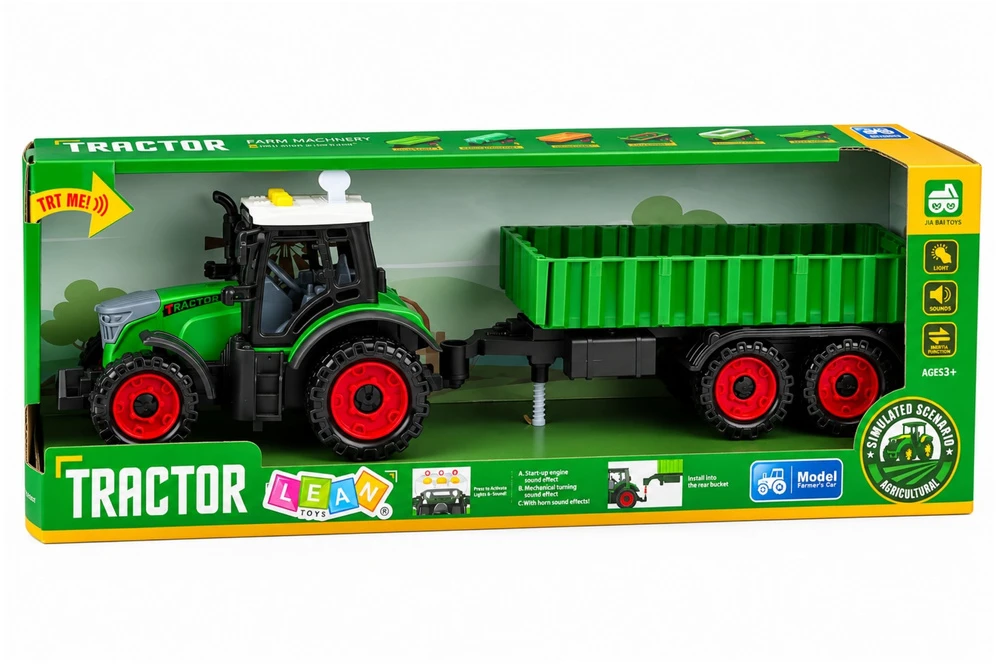 Lean Toys Žaislinis traktorius su dviaše priekaba, šviesos ir garso efektai, žalias, 35 × 9,5 × 8 cm