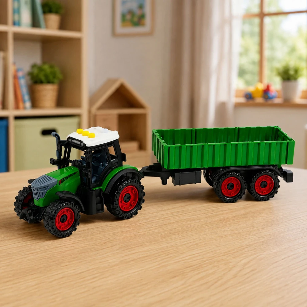 Lean Toys Žaislinis traktorius su dviaše priekaba, šviesos ir garso efektai, žalias, 35 × 9,5 × 8 cm